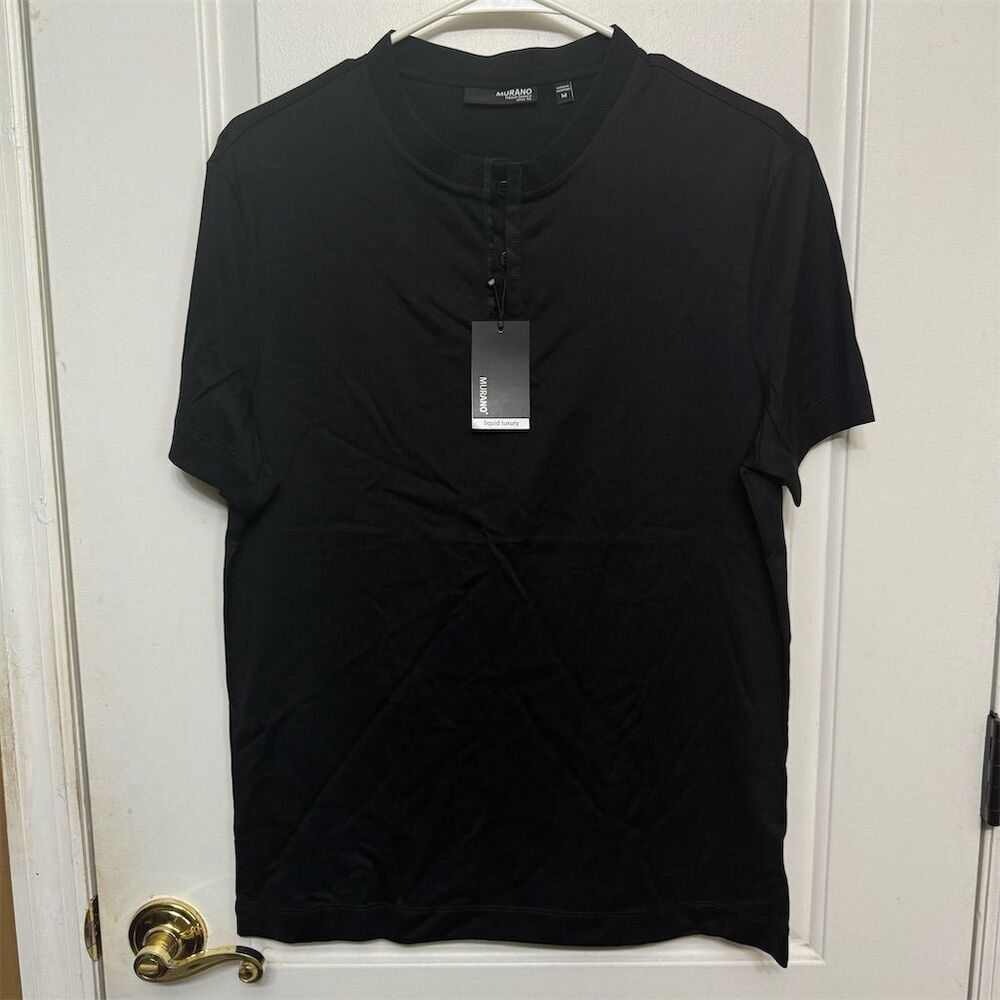 Murano Men's Slim Fit Henley T-Shirt Black Short Sleeve Medium - Picture 2 of 7
